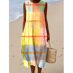 Women's Casual Colorblock Plaid Sleeveless Dress
