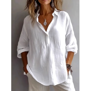 Women's Casual Solid Color Loose Long Sleeve Linen Lapel Shirt