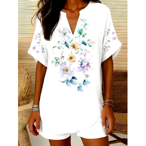 Women'S Loose Printed V-Neck Top And Shorts Set