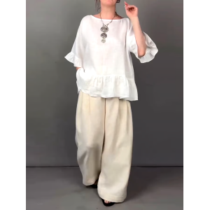 Women's Casual Solid Color Ruffled Top Contrast Color Cotton and Linen Two-piece Set