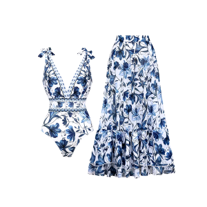 Women'S Floral Print One-Piece Swimsuit And Skirt