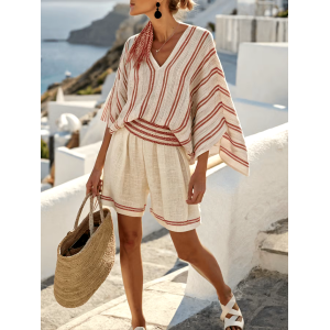 Women'S Loose Striped Holiday Shorts Set