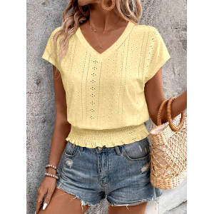Women'S Casual V-Neck Jacquard Hollow Short-Sleeved T-Shirt