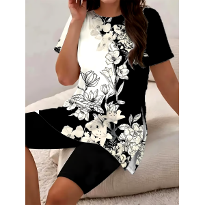 Women's Casual Round Neck Floral Print Short Sleeve T-Shirt Shorts Set