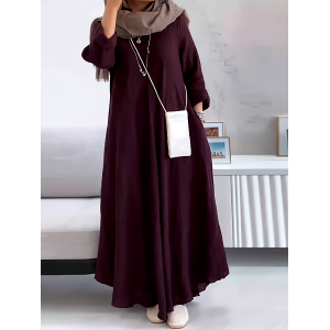 Women's Casual Solid Color V-Neck Long Sleeve Cotton and Linen Dress