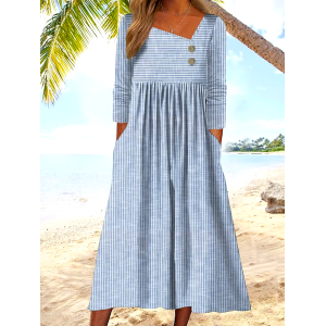 Women's Retro Striped Pockets And Buttons Casual Dress
