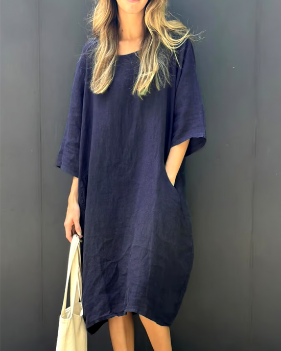 Women'S Casual Solid Color Loose Cotton And Linen Dress