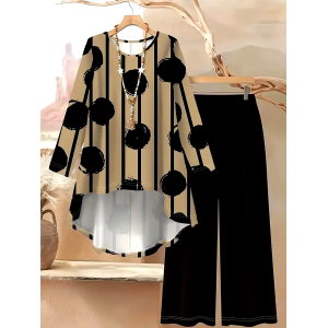 Women's Casual Printed Irregular Hem Top and Pants Two-Piece Set