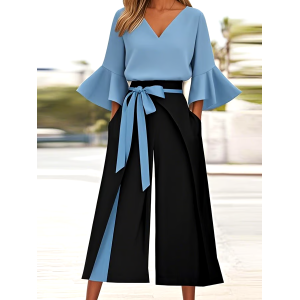 Women'S Casual V-Neck Trumpet Sleeve Contrast Color Two-Piece Suit