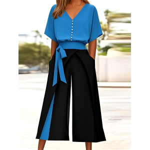 Women's Casual V-Neck Button Contrast Color Two-Piece Set