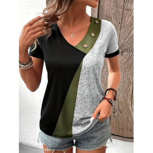 Women's Casual Contrast Color V-Neck Short Sleeve Button Top