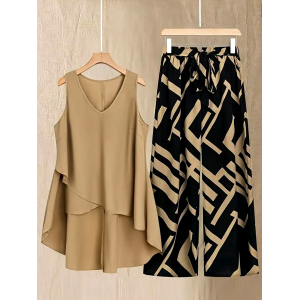 Women'S Casual V-Neck Sleeveless Loose Contrast Color Irregular Hem Vest Trousers Two-Piece Set