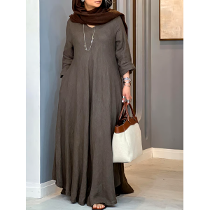 Women's Casual Solid Color V-Neck Long Sleeve Cotton and Linen Dress