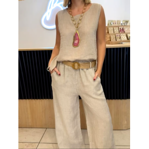 Women's Casual Solid Color Round Neck Vest Trousers Cotton and Linen Two-piece Set