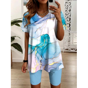 Women'S Loose Printed V-Neck Top And Shorts Set