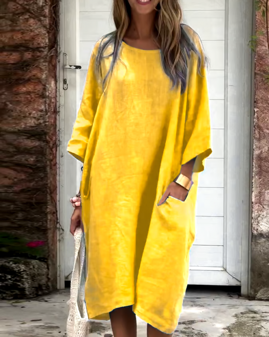 Women'S Casual Solid Color Loose Cotton And Linen Dress