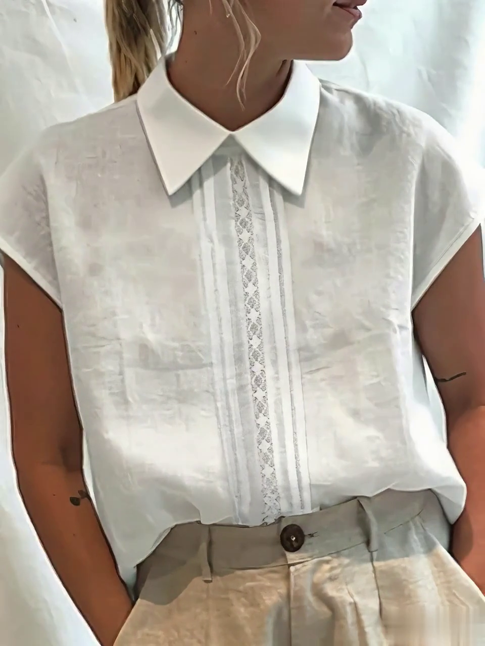 Women's Casual Solid Color Lace Stitching Lapel Shirt Women's Casual Solid Color Lace Stitching Lapel Shirt
