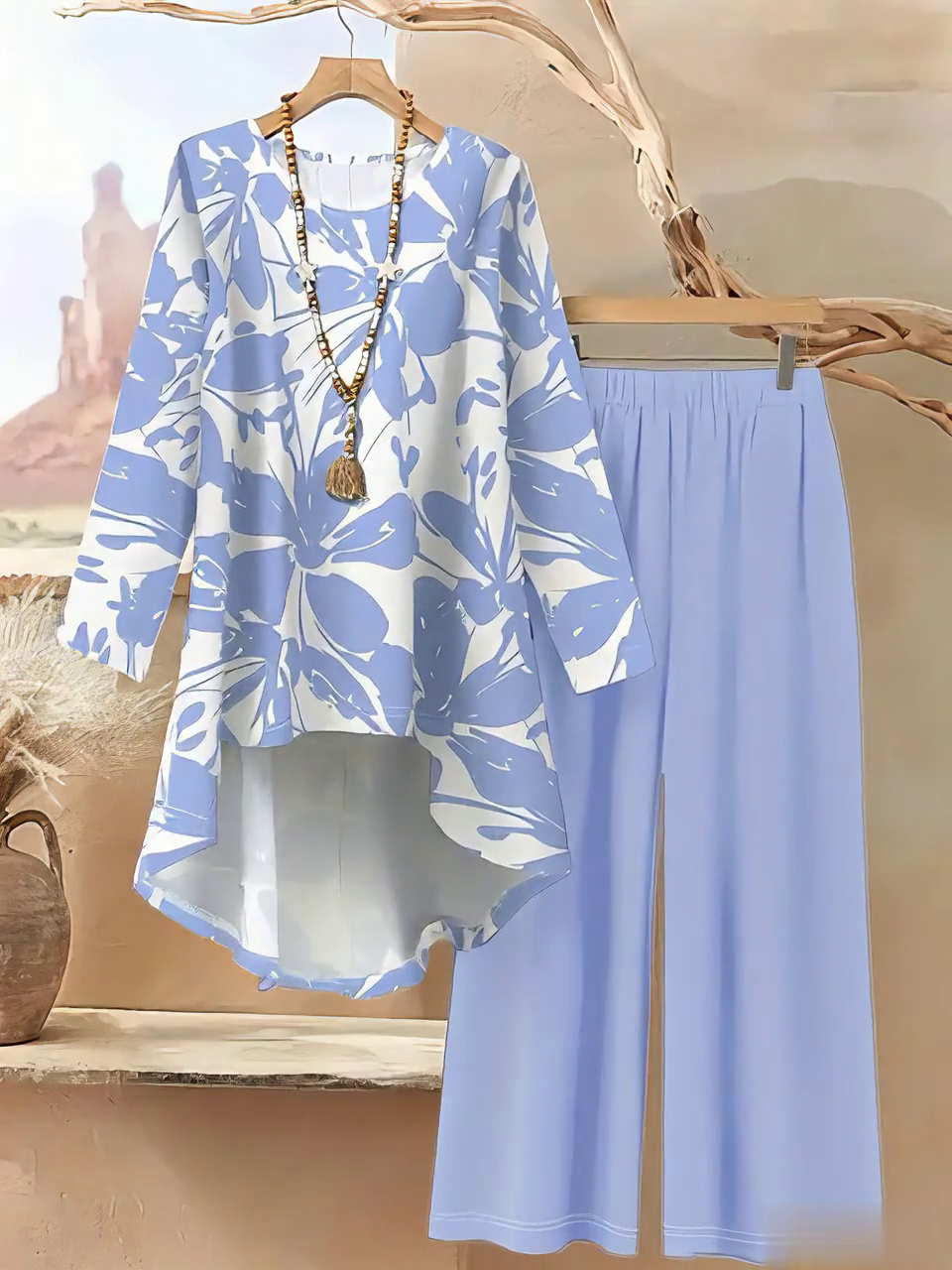 Women's Casual Printed Irregular Hem Top and Pants Two-Piece Set Women's Casual Printed Irregular Hem Top and Pants Two-Piece Set