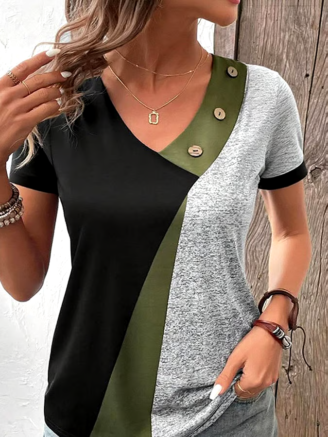 Women's Casual Contrast Color V-Neck Short Sleeve Button Top