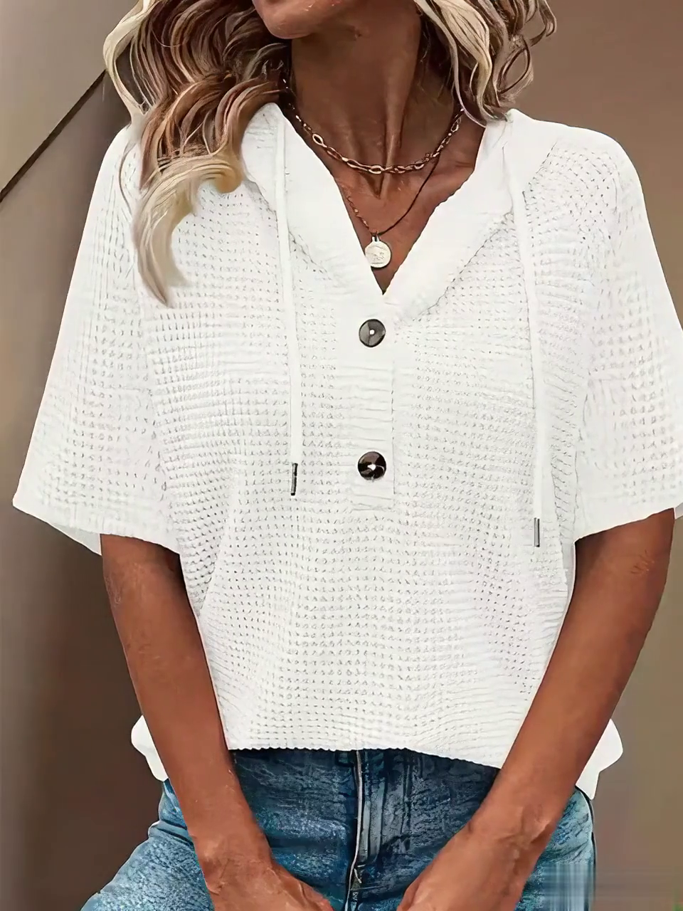 Women's Casual Solid Color Hooded Half-Button Waffle Top Women's Casual Solid Color Hooded Half-Button Waffle Top