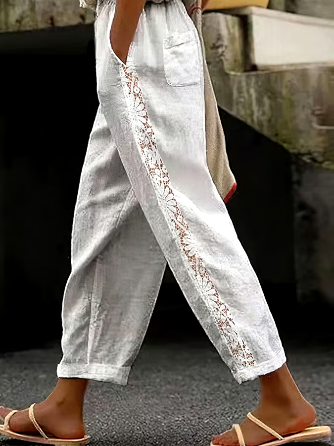 Women's Casual Solid Color Elastic Waist Lace Cotton and Linen Trousers Women's Casual Solid Color Elastic Waist Lace Cotton and Linen Trousers