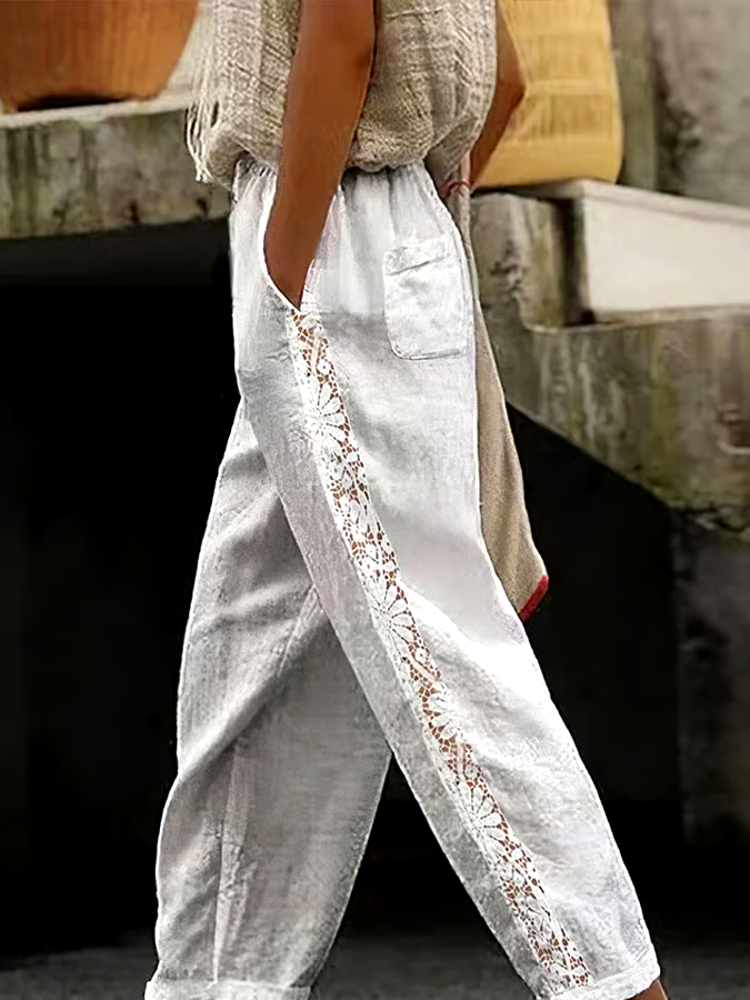 Women's Casual Solid Color Elastic Waist Lace Cotton and Linen Trousers Women's Casual Solid Color Elastic Waist Lace Cotton and Linen Trousers