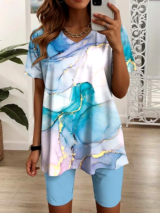 Women'S Loose Printed V-Neck Top And Shorts Set
